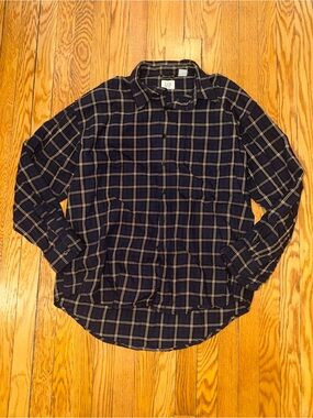 GAP Men Navy and Tan Plaid Button-Down Shirt